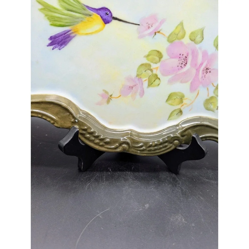 Vintage Hand Painted Porcelain Dresser Vanity Tray Hummingbird Flower 12.5
